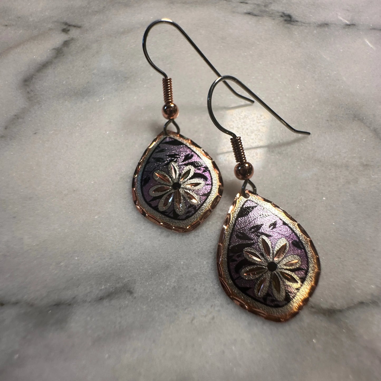Handcrafted Boho Purple Floral Earrings, Diamond Cut Wire Drop Earrings, Gift Box - Silver Elegant