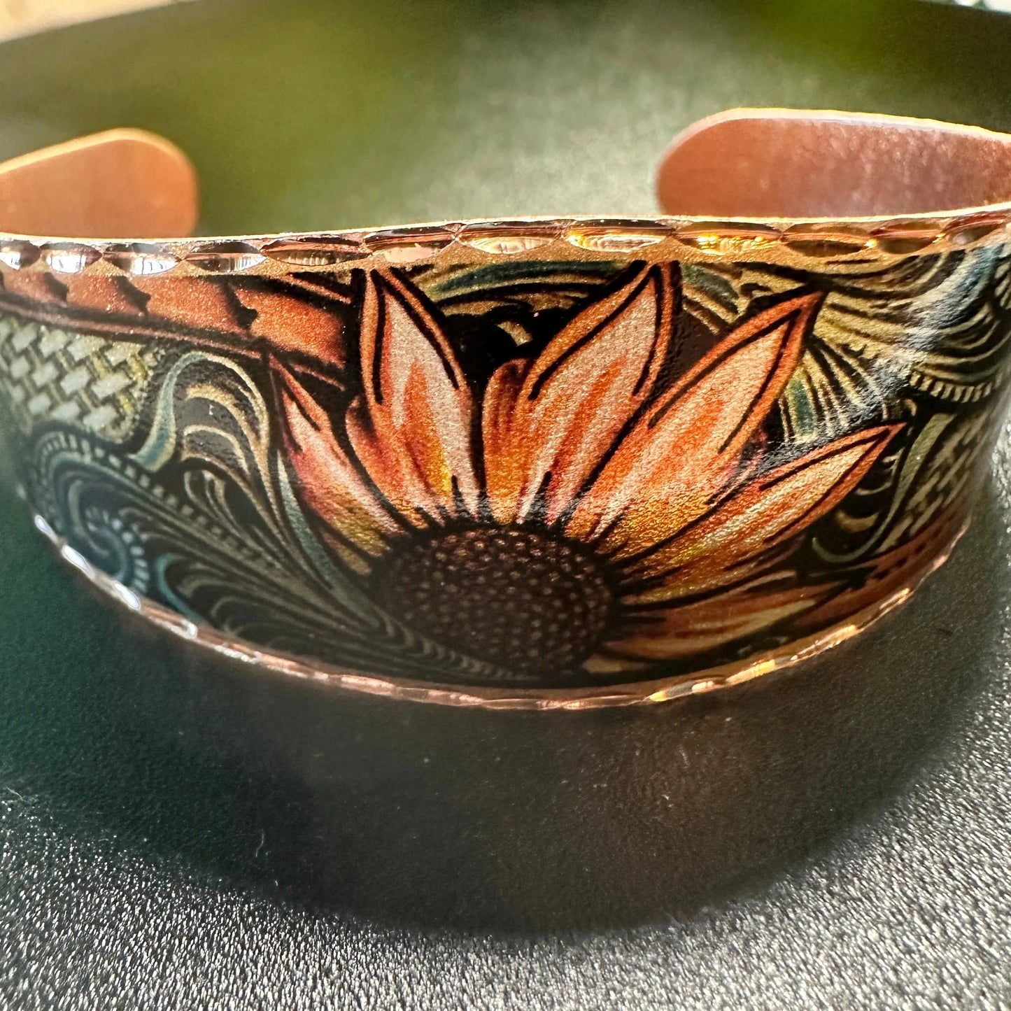 Handmade Boho Sunflower Cuff Bracelet, Copper Western Sunflower Cuff , Gift Box - Silver Elegant