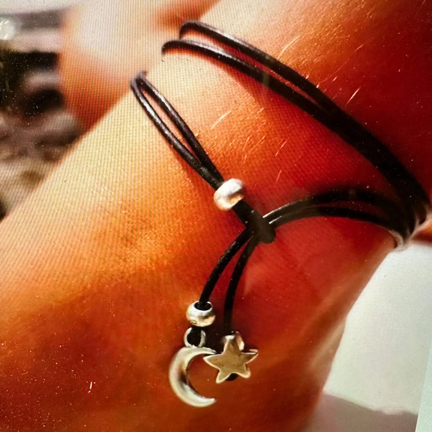 Handcrafted Boho Hippie Black Cord Moon & Sun Anklet , Gift Box - Silver Elegant