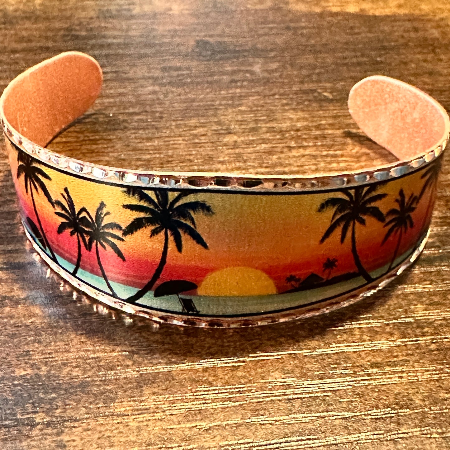 Handmade Boho Tropical Cuff Bracelet, Florida Tropical Palm Wide Cuff Bracelet, Gift Box - Silver Elegant