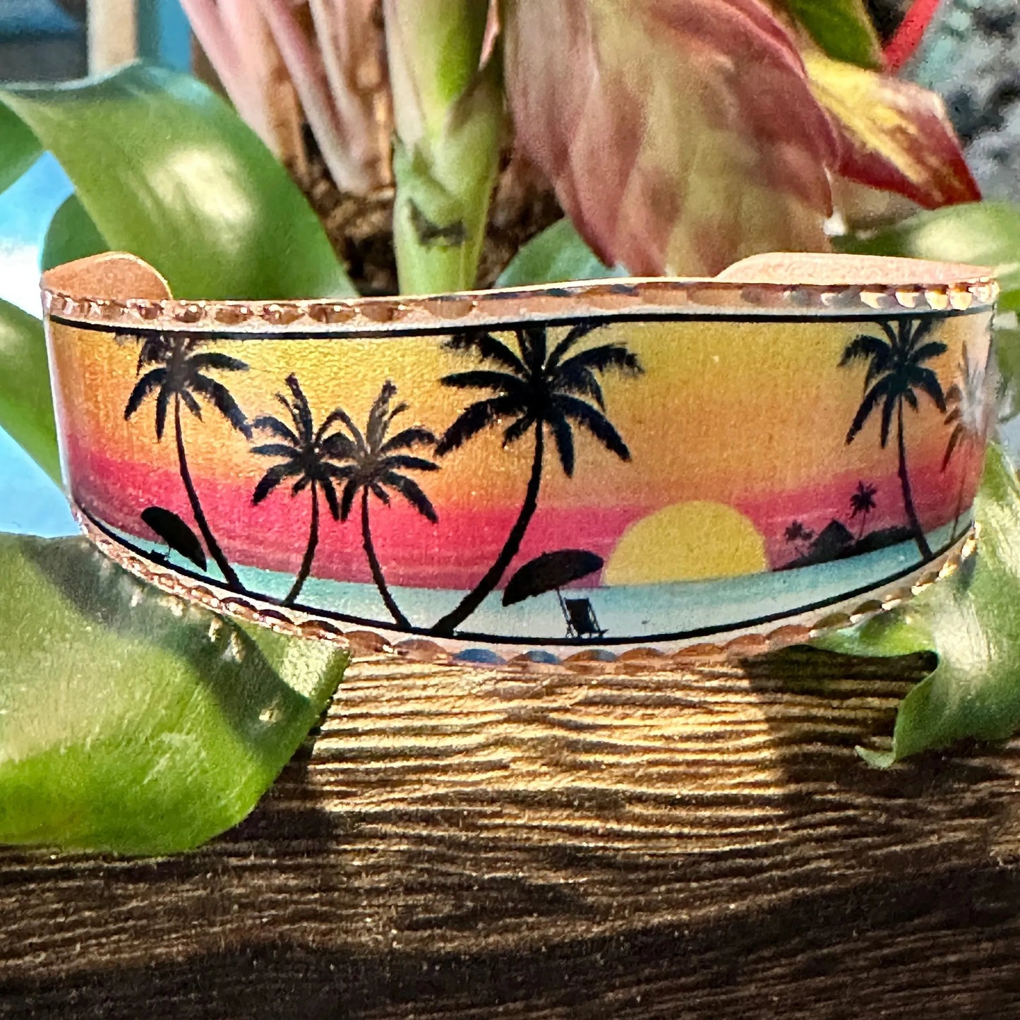 Handmade Boho Tropical Cuff Bracelet, Florida Tropical Palm Wide Cuff Bracelet, Gift Box - Silver Elegant