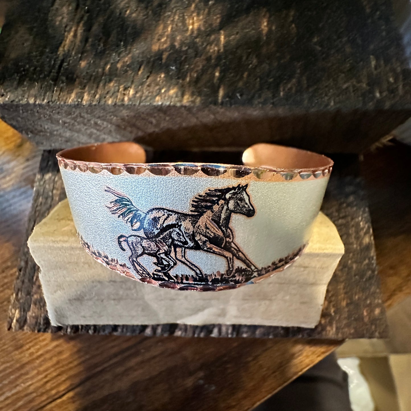 Handmade Boho Estuarian Cuff Bracelet, Horse and Pony Wide Cuff Bracelet, Gift Box - Silver Elegant