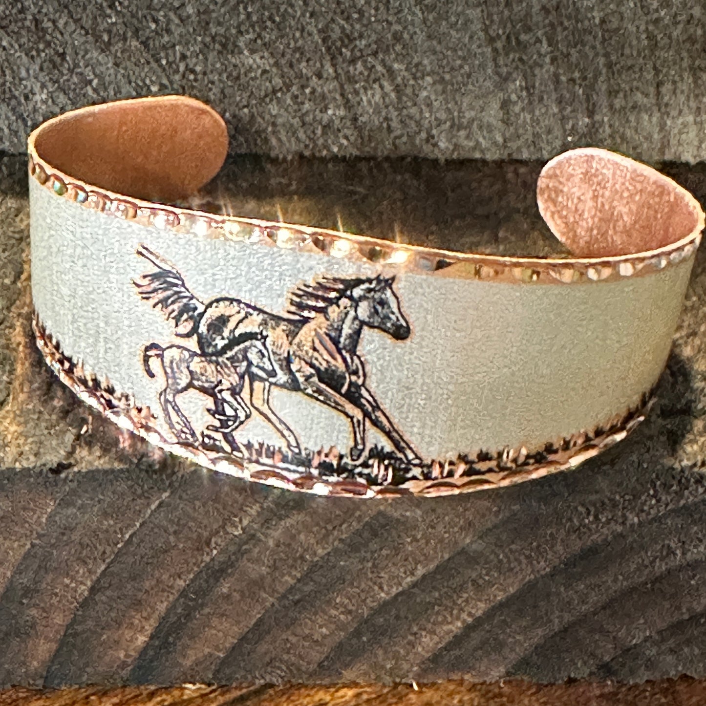 Handmade Boho Estuarian Cuff Bracelet, Horse and Pony Wide Cuff Bracelet, Gift Box - Silver Elegant