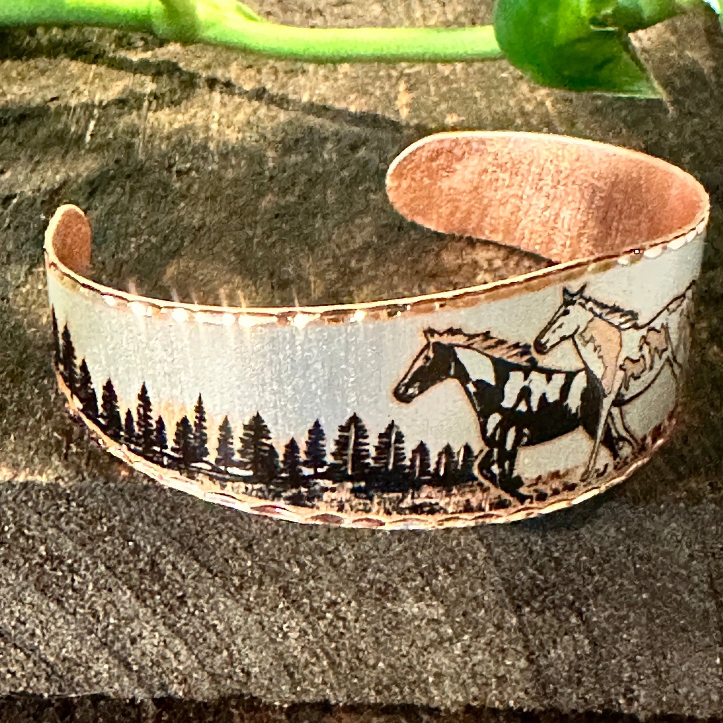 Handmade Boho Estuarian Bracelet, Wide Cuff Appaloosa Horses Bracelet, Gift Box - Silver Elegant