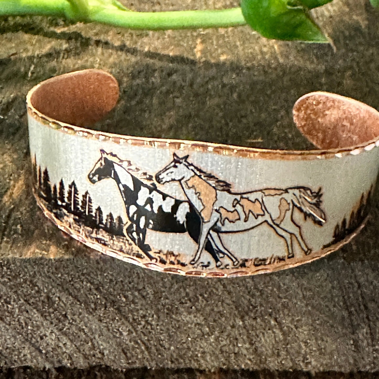 Handmade Boho Estuarian Bracelet, Wide Cuff Appaloosa Horses Bracelet, Gift Box - Silver Elegant