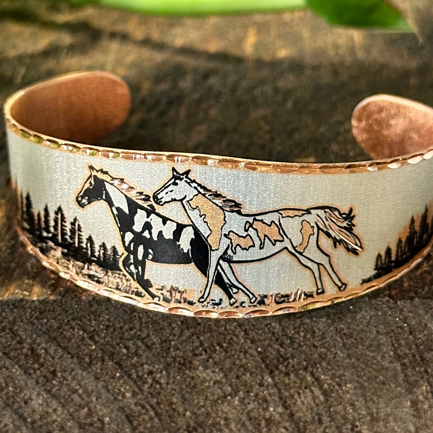 Handmade Boho Estuarian Bracelet, Wide Cuff Appaloosa Horses Bracelet, Gift Box - Silver Elegant
