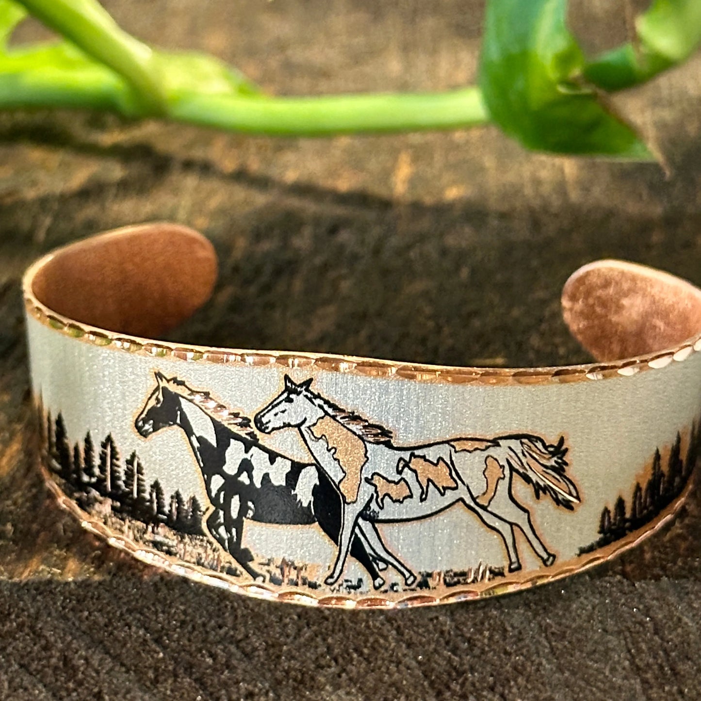 Handmade Boho Estuarian Bracelet, Wide Cuff Appaloosa Horses Bracelet, Gift Box - Silver Elegant