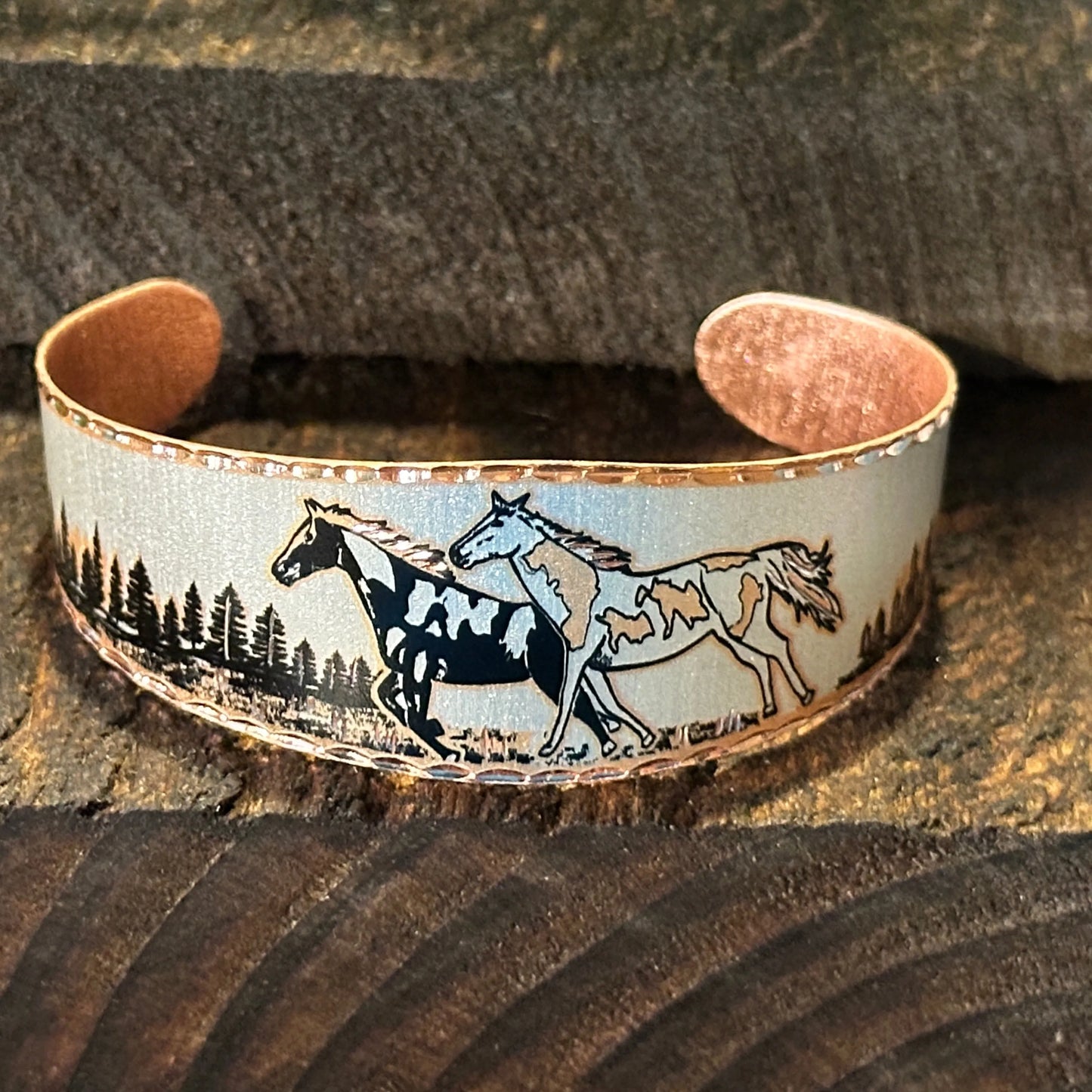 Handmade Boho Estuarian Bracelet, Wide Cuff Appaloosa Horses Bracelet, Gift Box - Silver Elegant