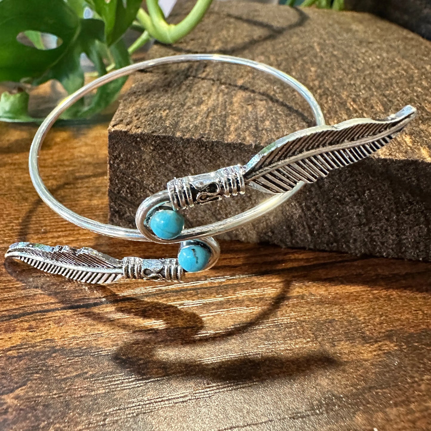 Handcrafted Boho Native American Turquoise Stone Feather Open Bangle, Adjustable, Gift Box - Silver Elegant