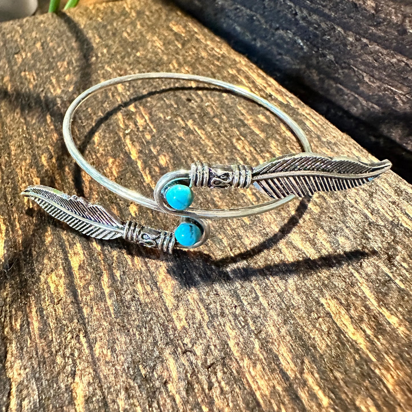 Handcrafted Boho Native American Turquoise Stone Feather Open Bangle, Adjustable, Gift Box - Silver Elegant