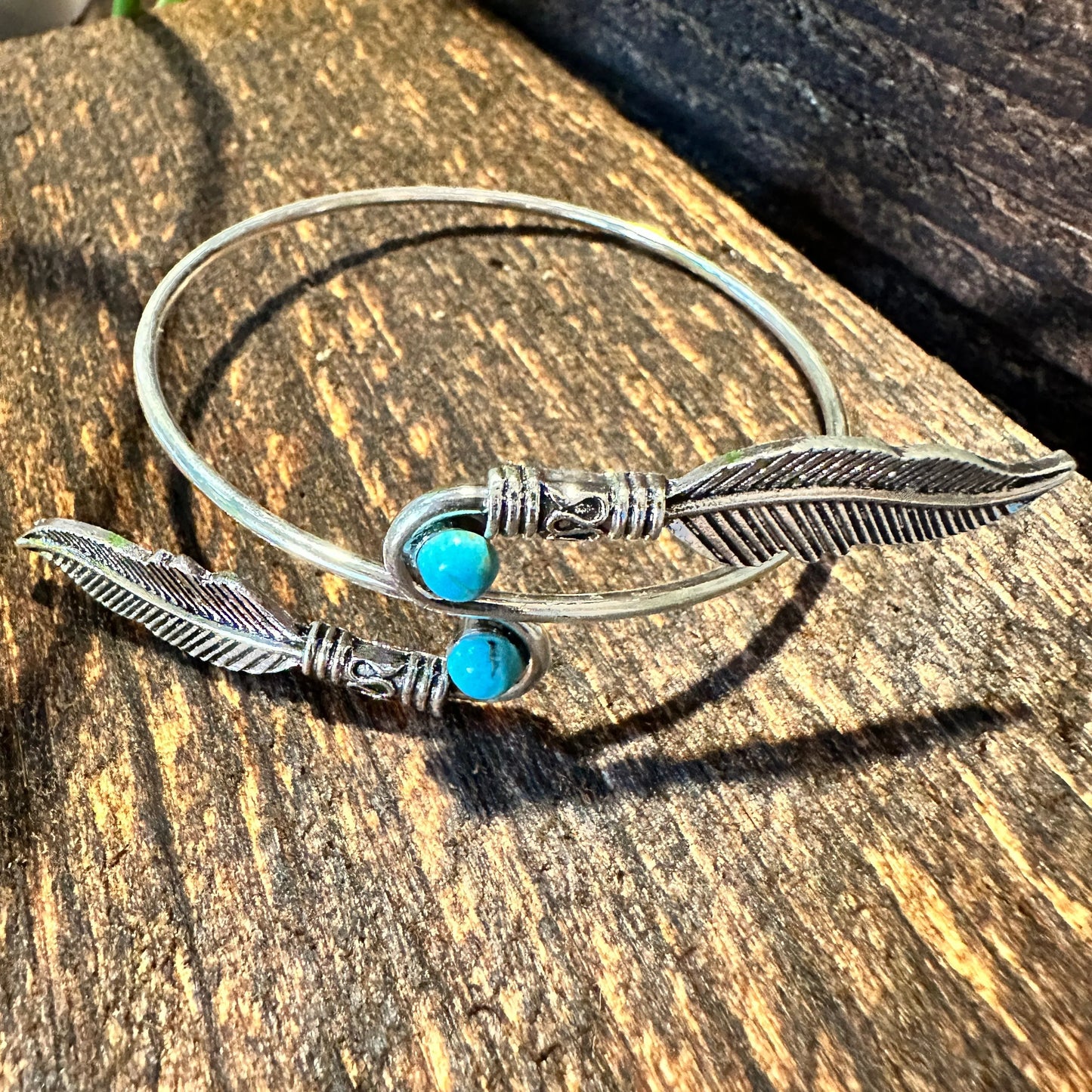 Handcrafted Boho Native American Turquoise Stone Feather Open Bangle, Adjustable, Gift Box - Silver Elegant