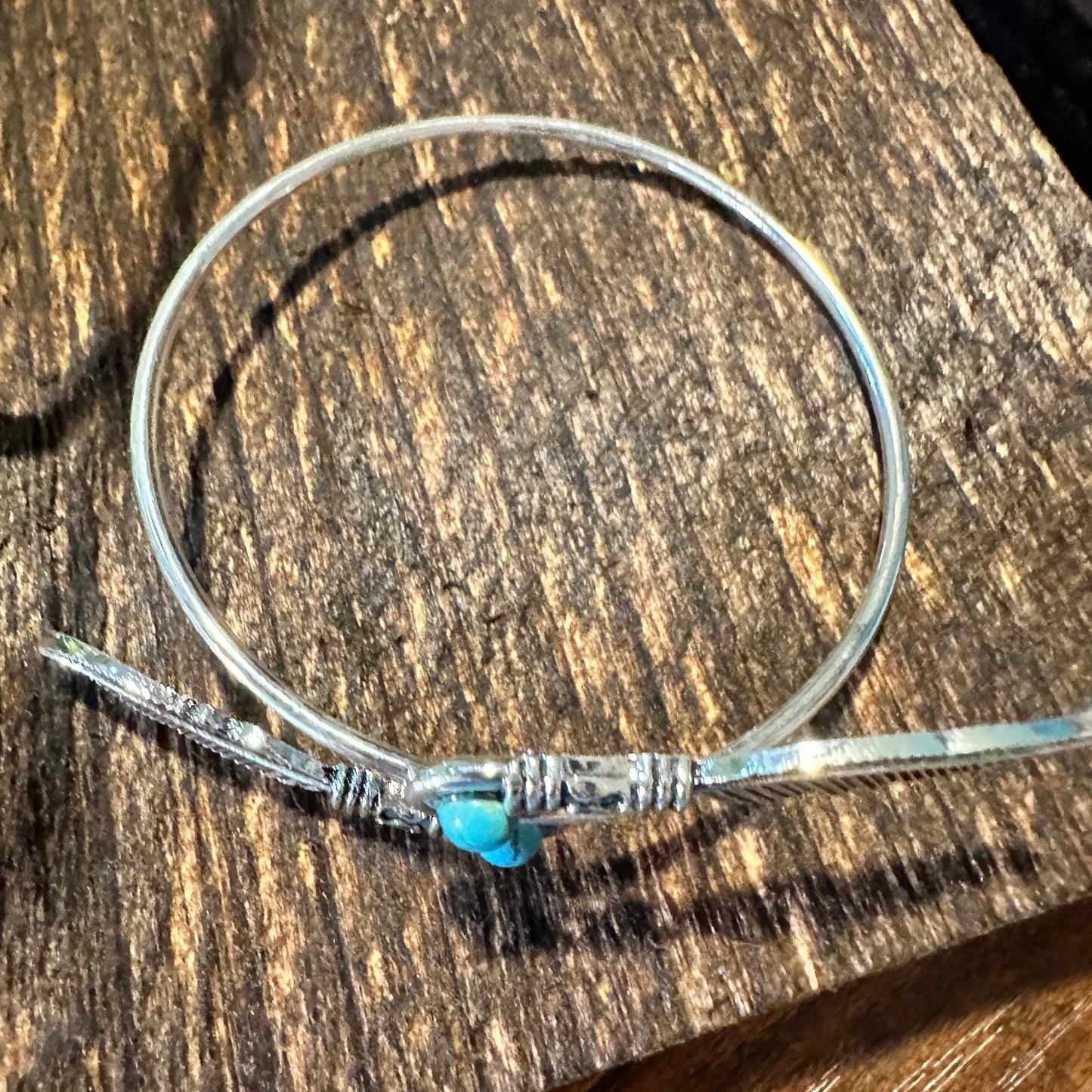 Handcrafted Boho Native American Turquoise Stone Feather Open Bangle, Adjustable, Gift Box - Silver Elegant