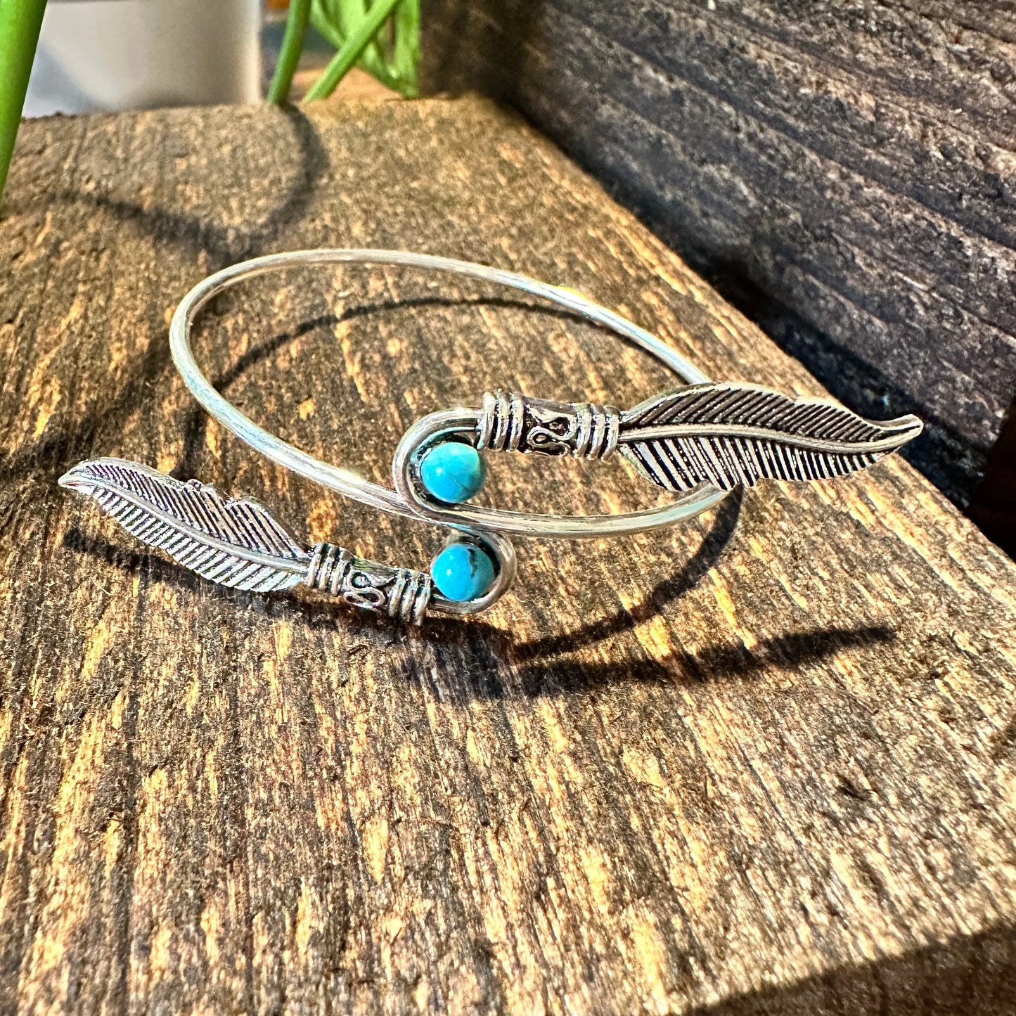 Handcrafted Boho Native American Turquoise Stone Feather Open Bangle, Adjustable, Gift Box - Silver Elegant
