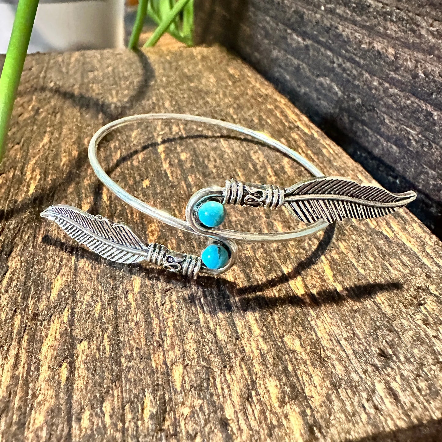 Handcrafted Boho Native American Turquoise Stone Feather Open Bangle, Adjustable, Gift Box - Silver Elegant