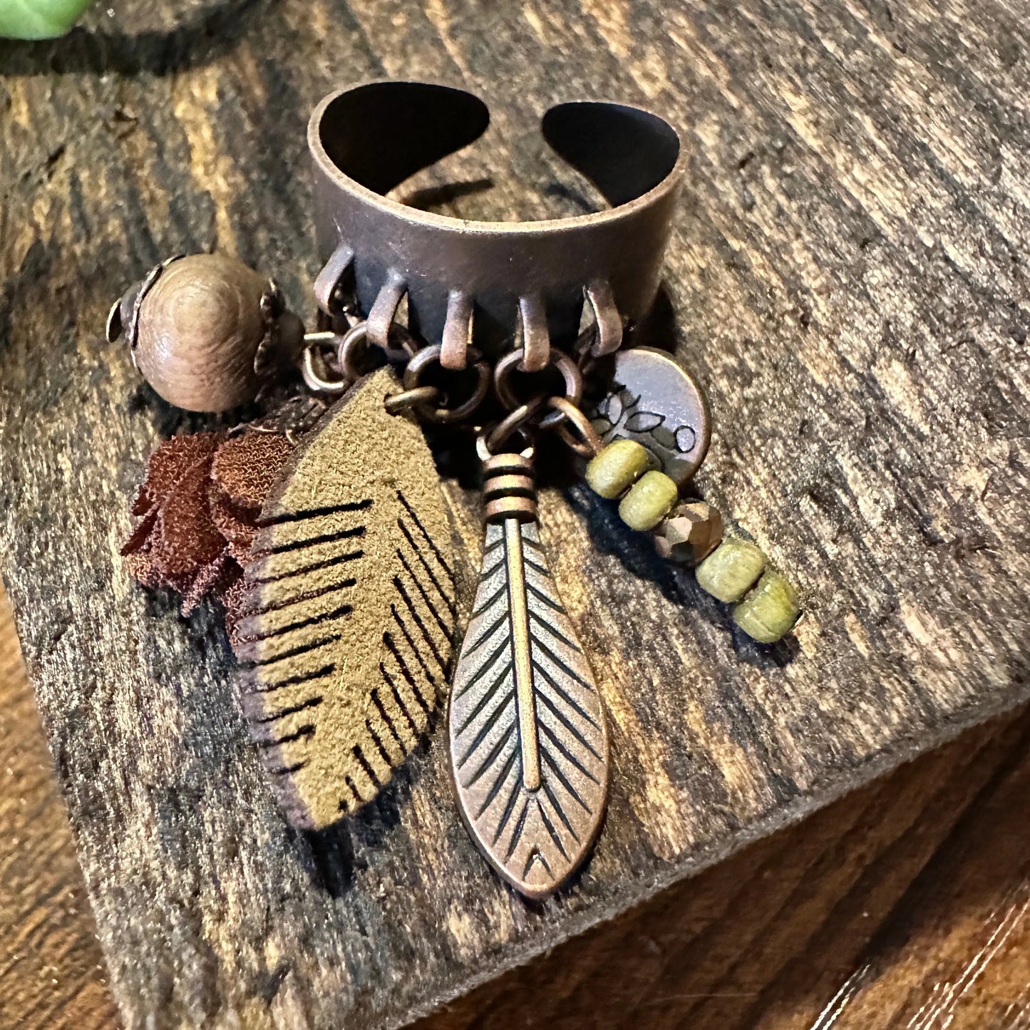 Handmade Artesian Hippie Indian Copper Feather Adjustable Cuff Ring, Gift Box - Silver Elegant