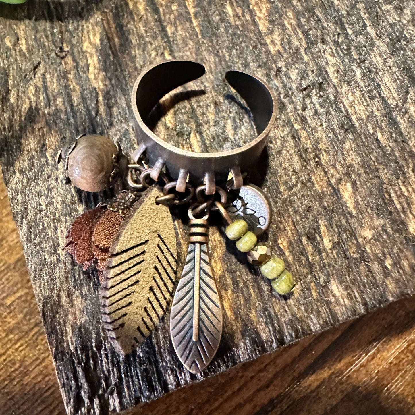 Handmade Artesian Hippie Indian Copper Feather Adjustable Cuff Ring, Gift Box - Silver Elegant