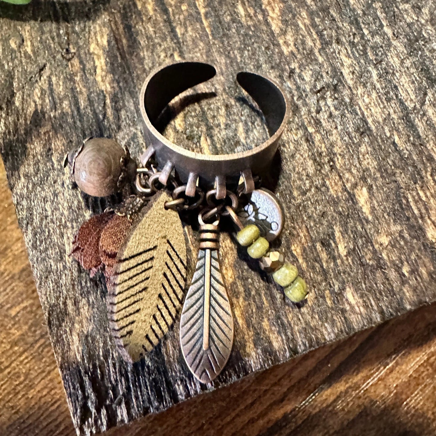 Handmade Artesian Hippie Indian Copper Feather Adjustable Cuff Ring, Gift Box - Silver Elegant