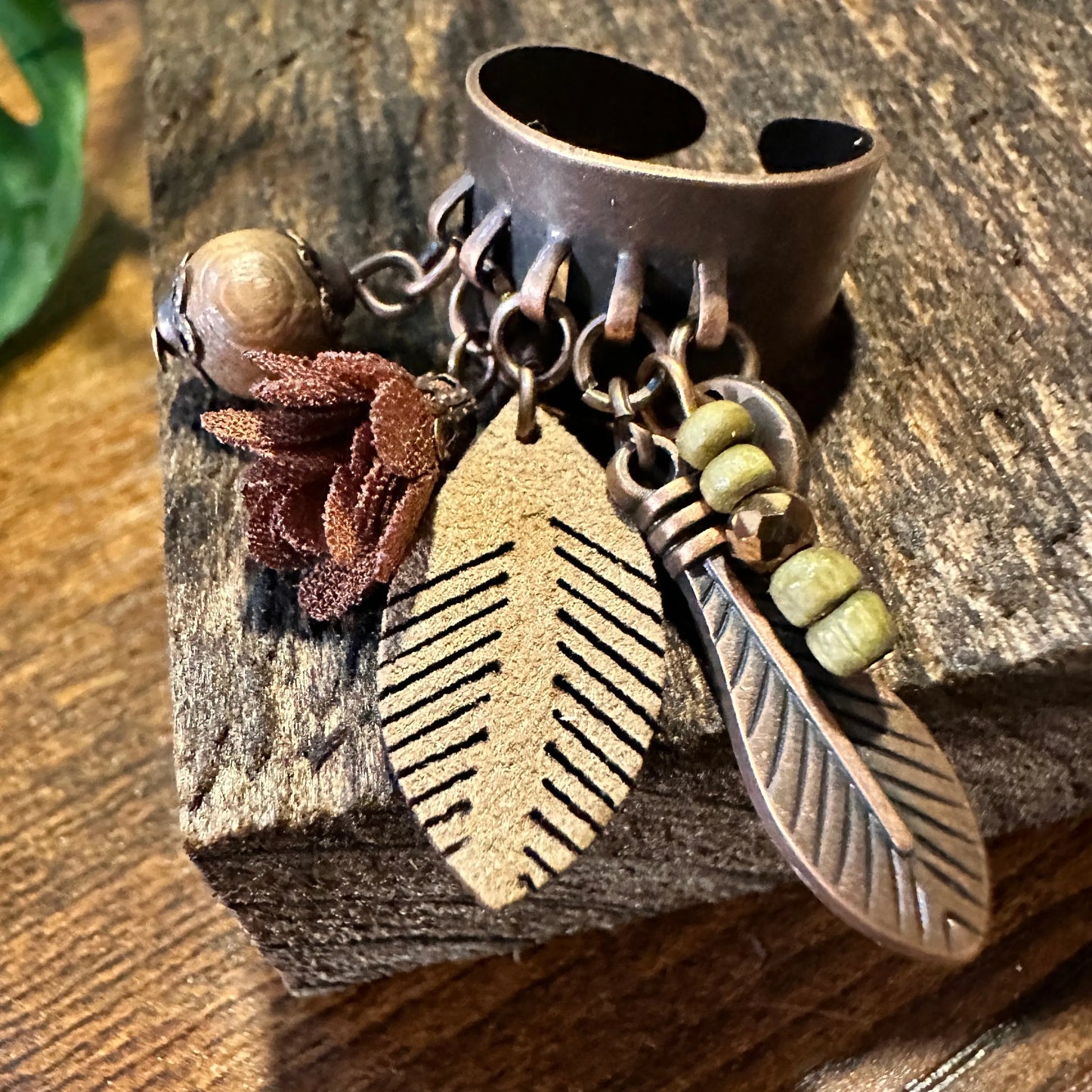 Handmade Artesian Hippie Indian Copper Feather Adjustable Cuff Ring, Gift Box - Silver Elegant