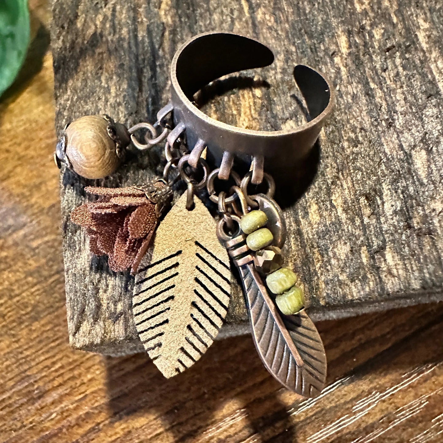 Handmade Artesian Hippie Indian Copper Feather Adjustable Cuff Ring, Gift Box - Silver Elegant