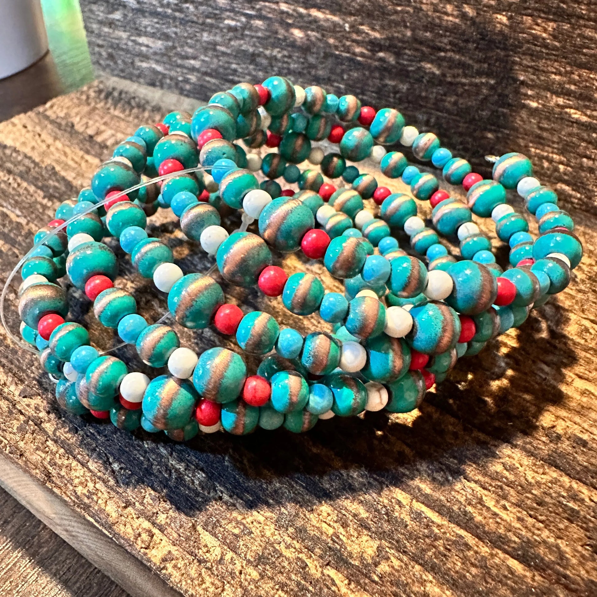 Handmade Navajo Pearl Spiral Stretch Wrap Beaded Western Bracelet, Gift Box - Silver Elegant