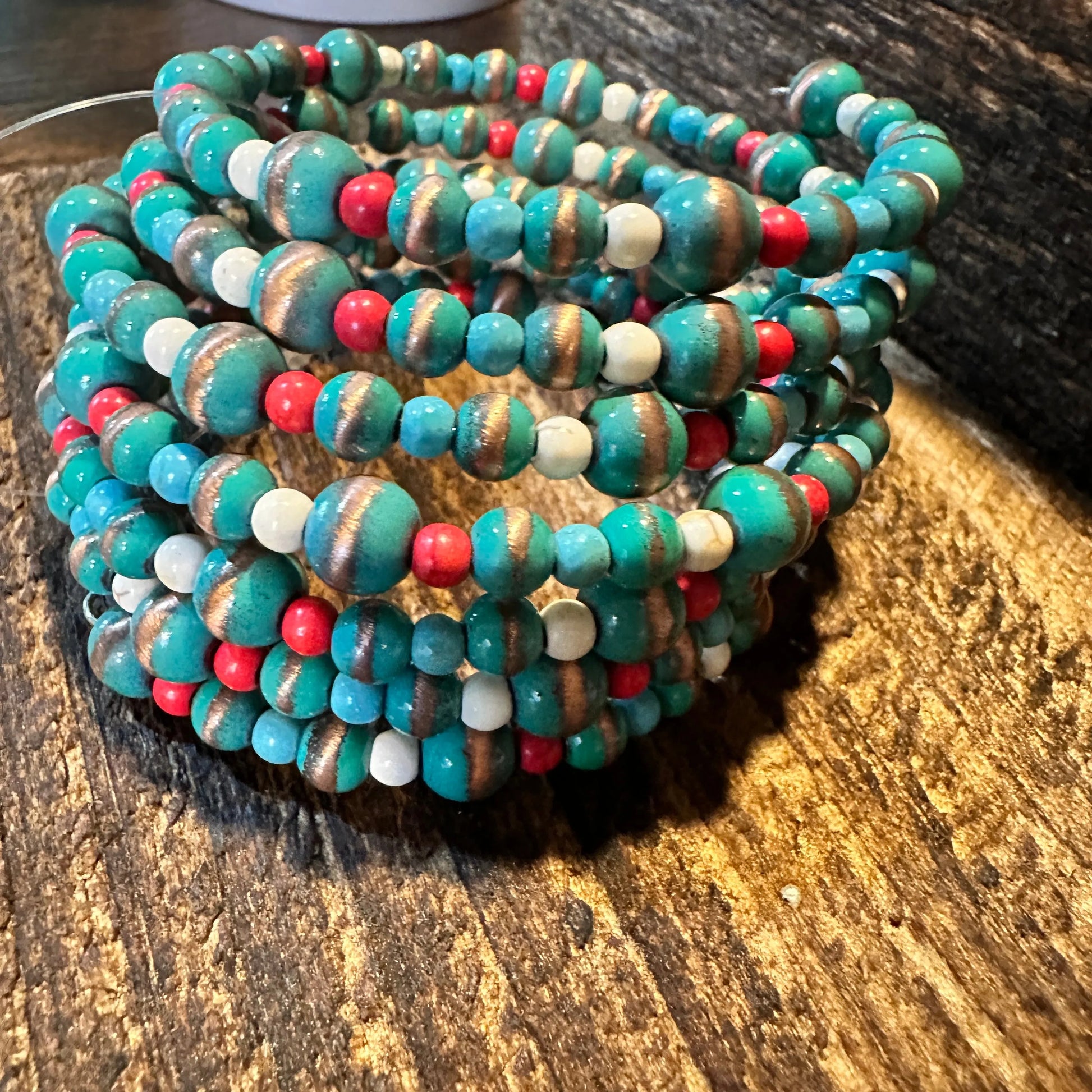 Handmade Navajo Pearl Spiral Stretch Wrap Beaded Western Bracelet, Gift Box - Silver Elegant
