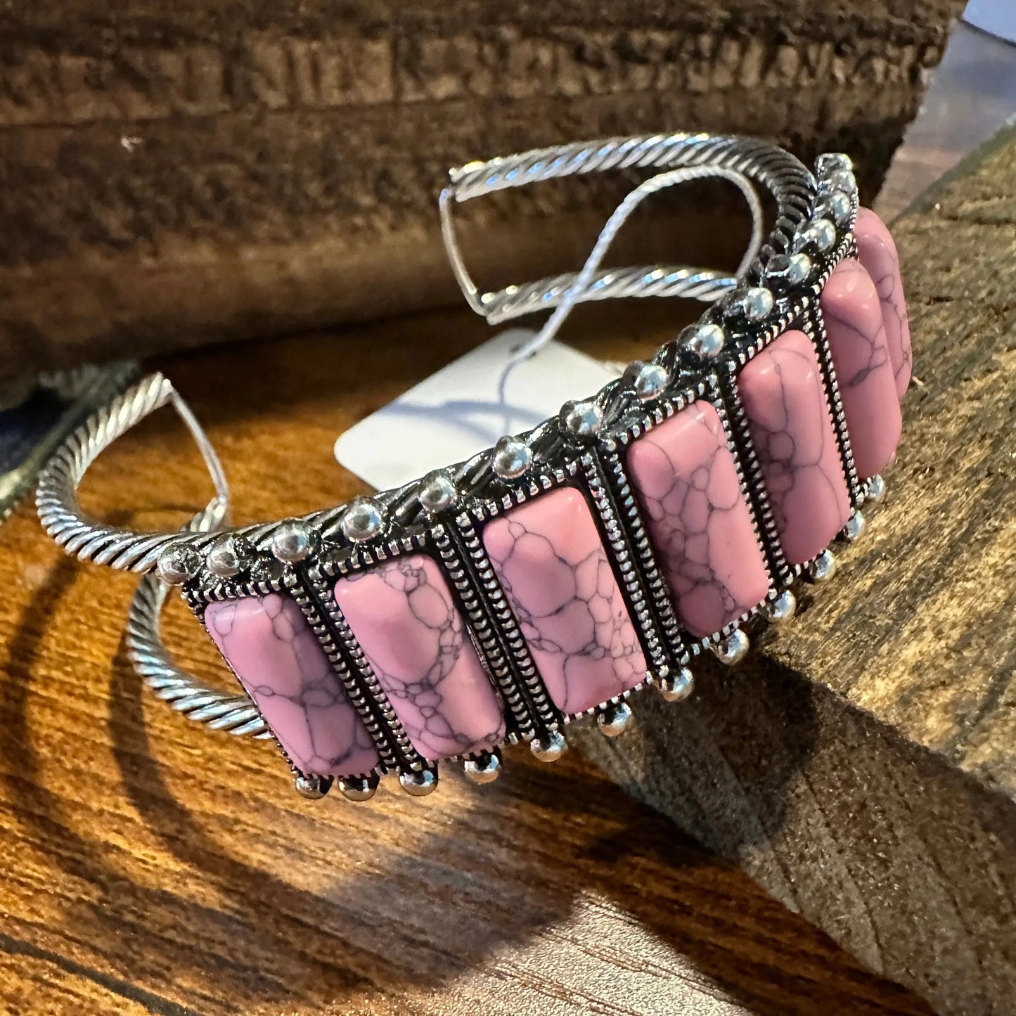 Handcrafted Boho Western Bracelet, Rectangle Semi Stone Concho Wide Cuff Pink Bracelet, Gift Box - Silver Elegant
