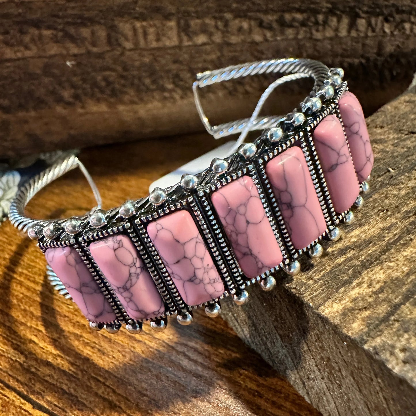 Handcrafted Boho Western Bracelet, Rectangle Semi Stone Concho Wide Cuff Pink Bracelet, Gift Box - Silver Elegant