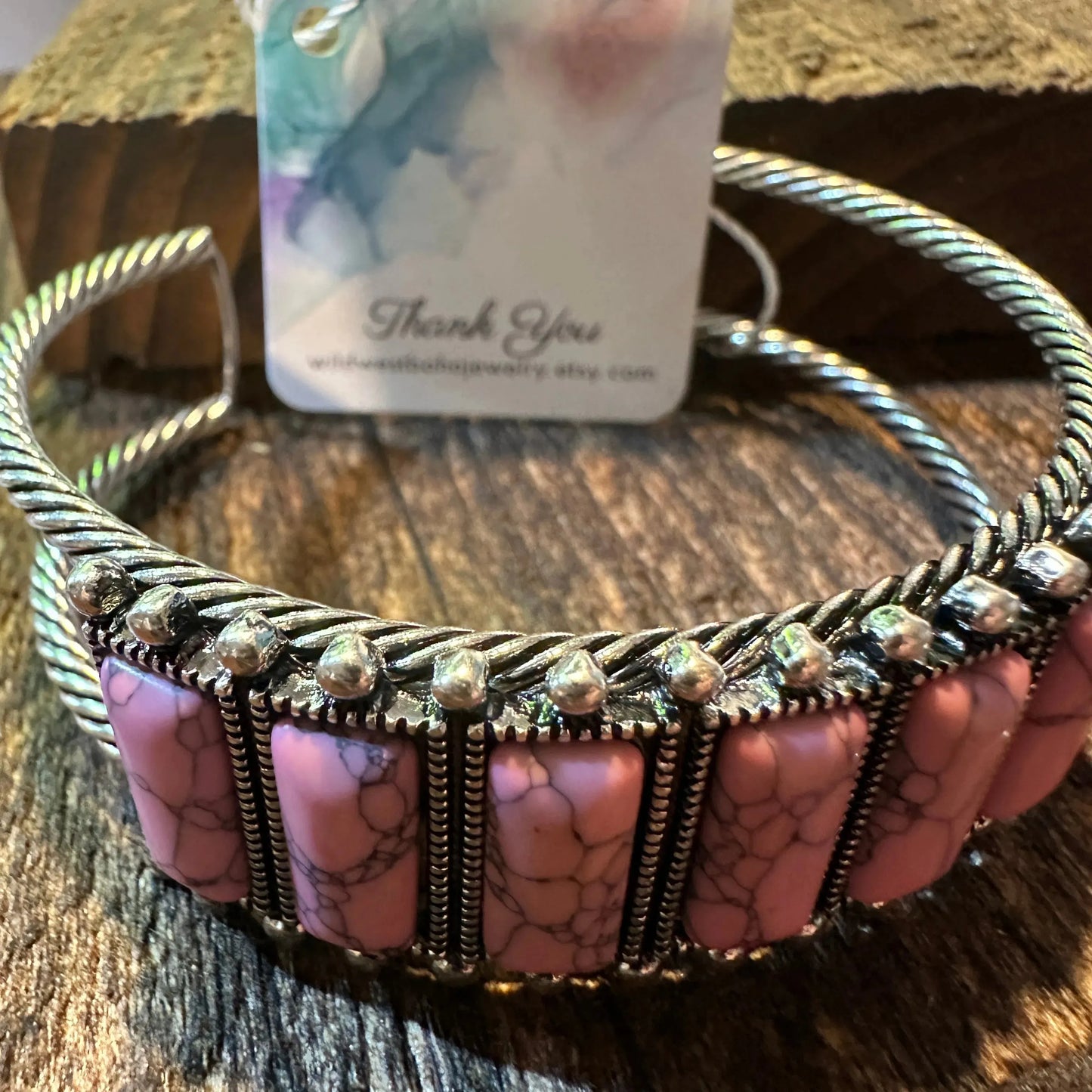 Handcrafted Boho Western Bracelet, Rectangle Semi Stone Concho Wide Cuff Pink Bracelet, Gift Box - Silver Elegant
