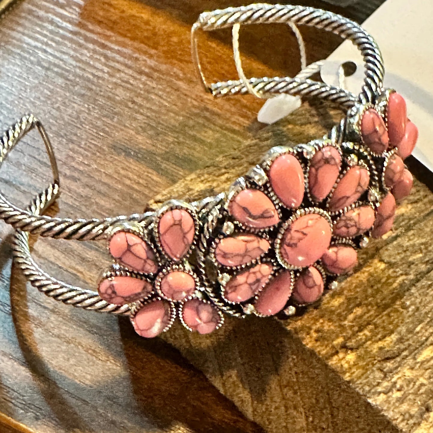 Handcrafted Boho Floral Western Pink Stone Cuff Bracelet, Gift Box - Silver Elegant