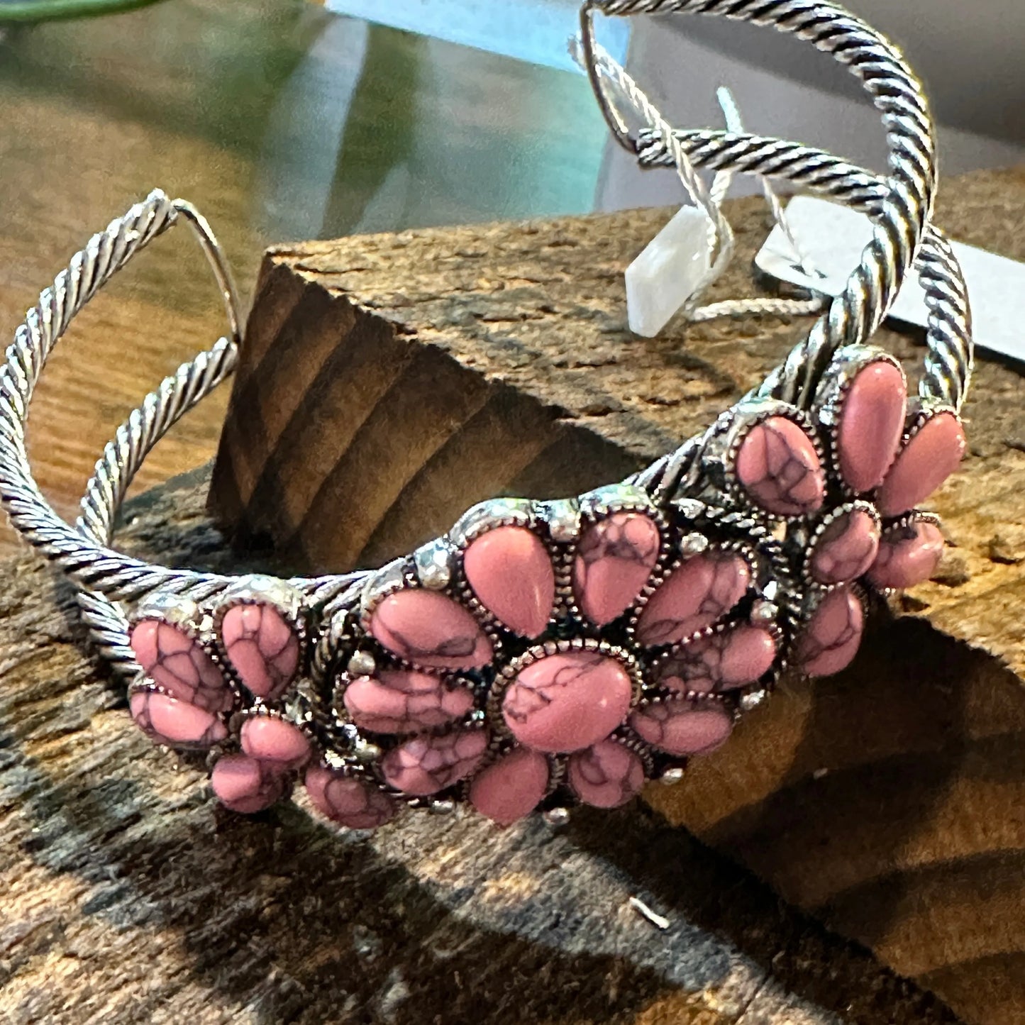 Handcrafted Boho Floral Western Pink Stone Cuff Bracelet, Gift Box - Silver Elegant
