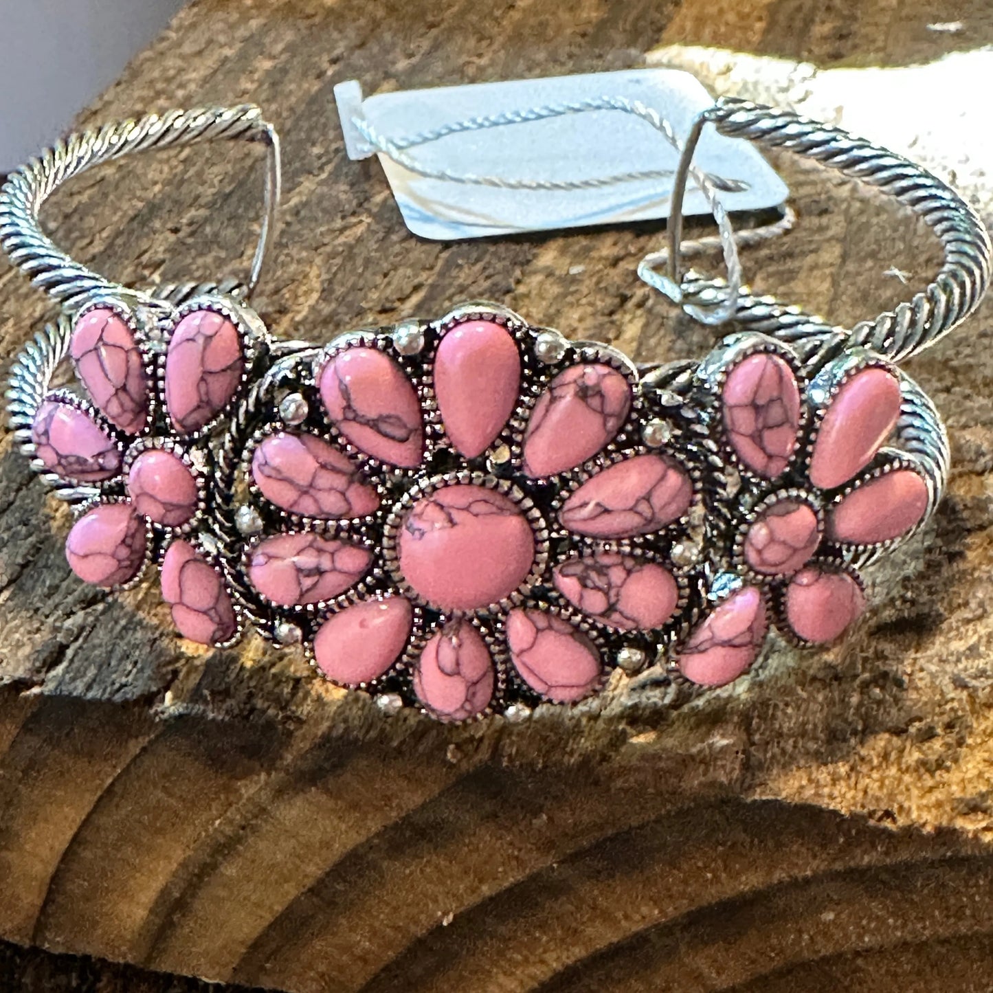 Handcrafted Boho Floral Western Pink Stone Cuff Bracelet, Gift Box - Silver Elegant