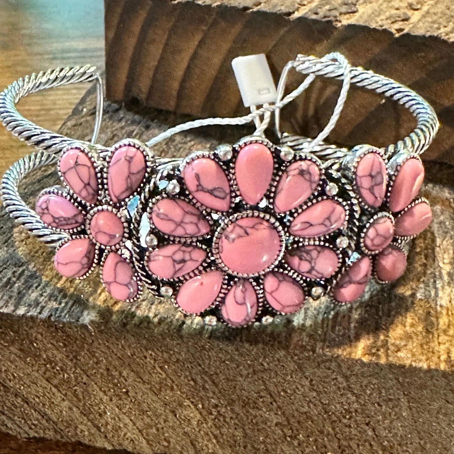 Handcrafted Boho Floral Western Pink Stone Cuff Bracelet, Gift Box - Silver Elegant