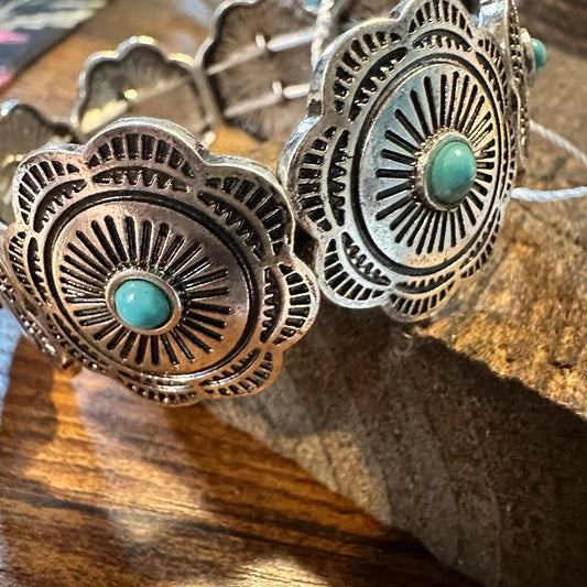 Handcrafted Boho Cowgirl Bracelet, Western Turquoise Floral Concho Stretch Bracelet, Gift Box - Silver Elegant