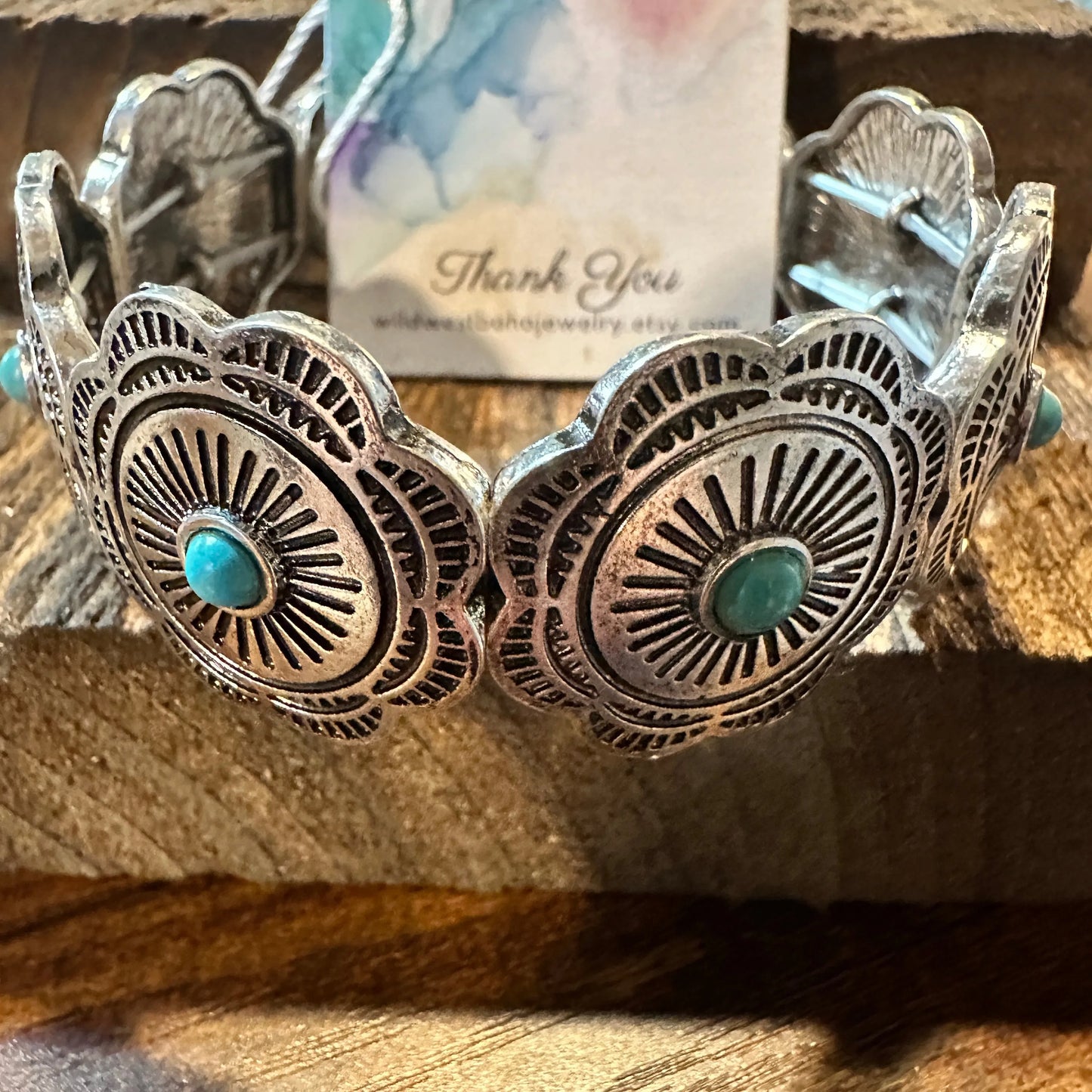 Handcrafted Boho Cowgirl Bracelet, Western Turquoise Floral Concho Stretch Bracelet, Gift Box - Silver Elegant