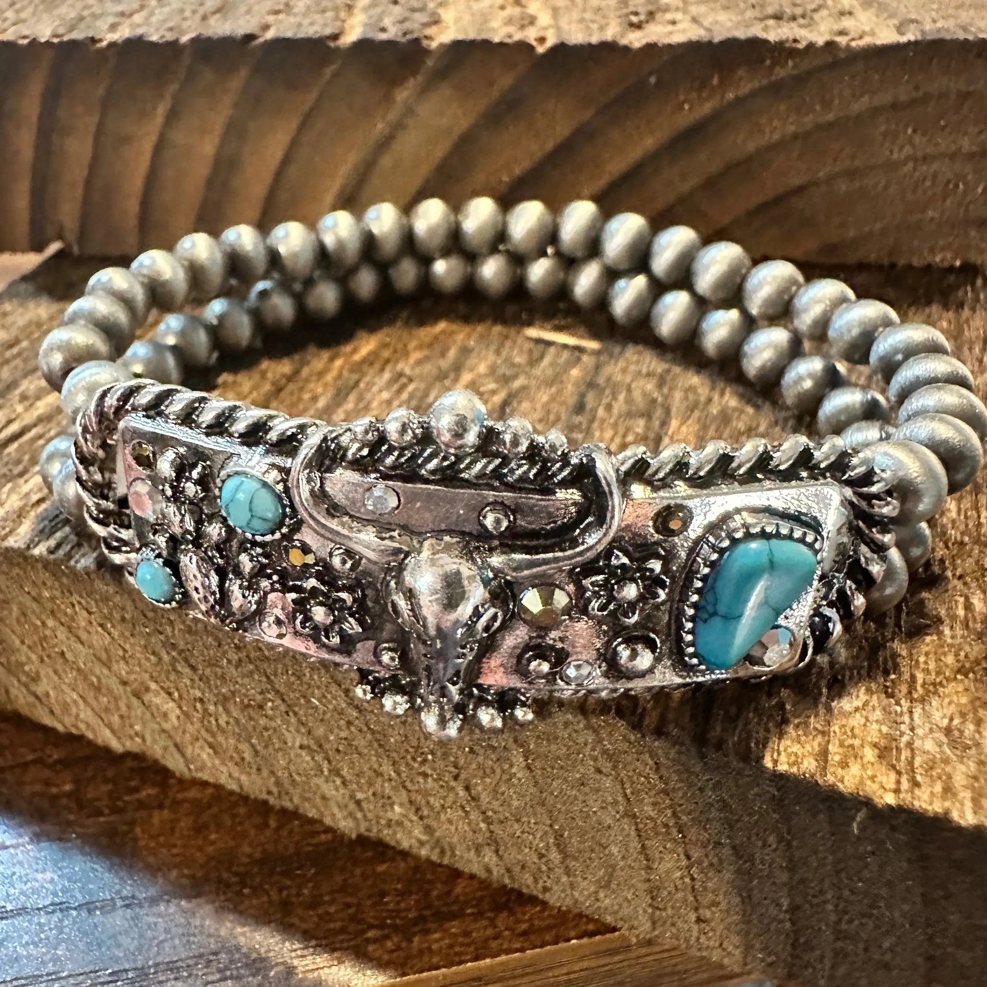 Handcrafted Boho Rodeo Bracelet, Western Navajo Rhinestone Turquoise Stretch Bracelet, Gift Box - Silver Elegant