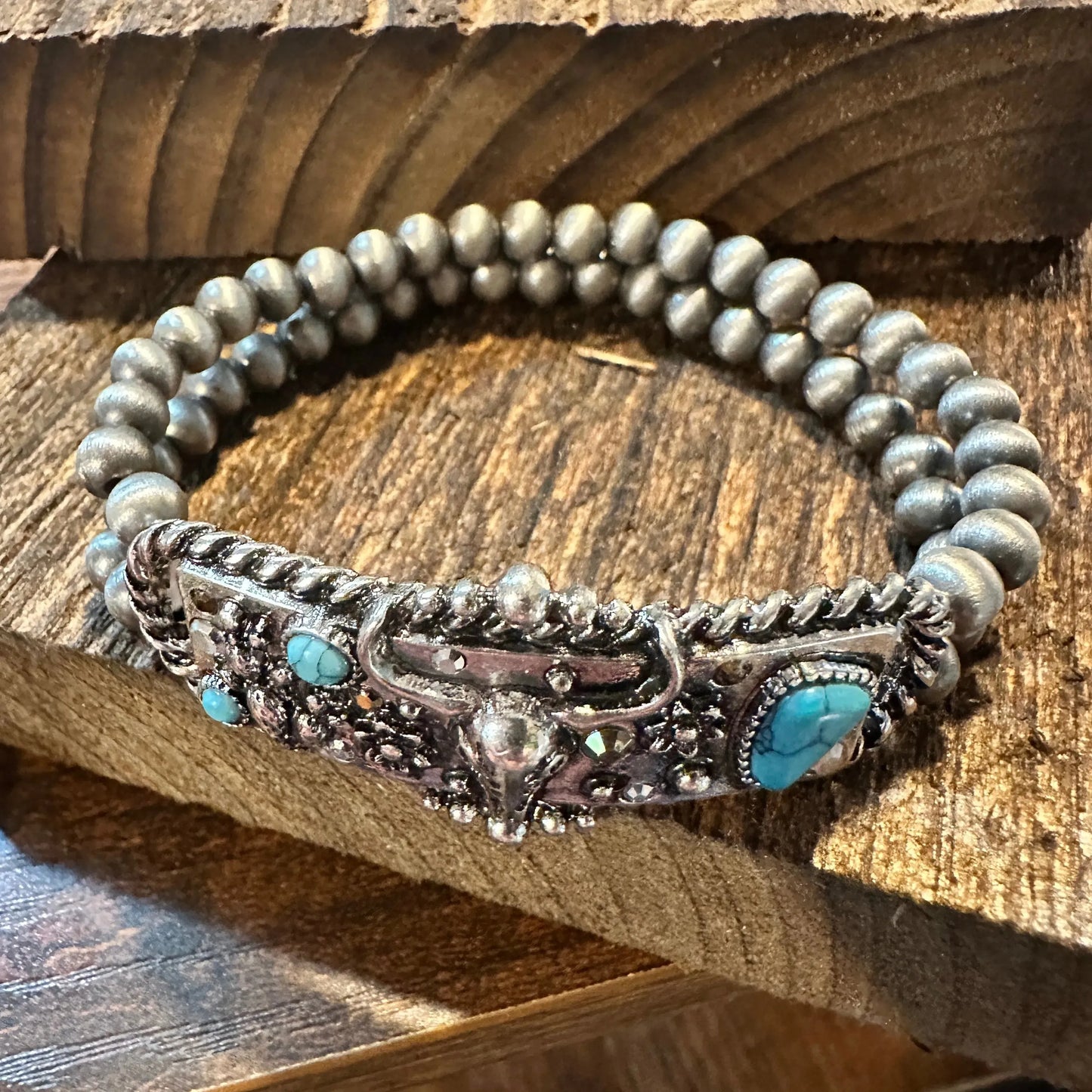 Handcrafted Boho Rodeo Bracelet, Western Navajo Rhinestone Turquoise Stretch Bracelet, Gift Box - Silver Elegant