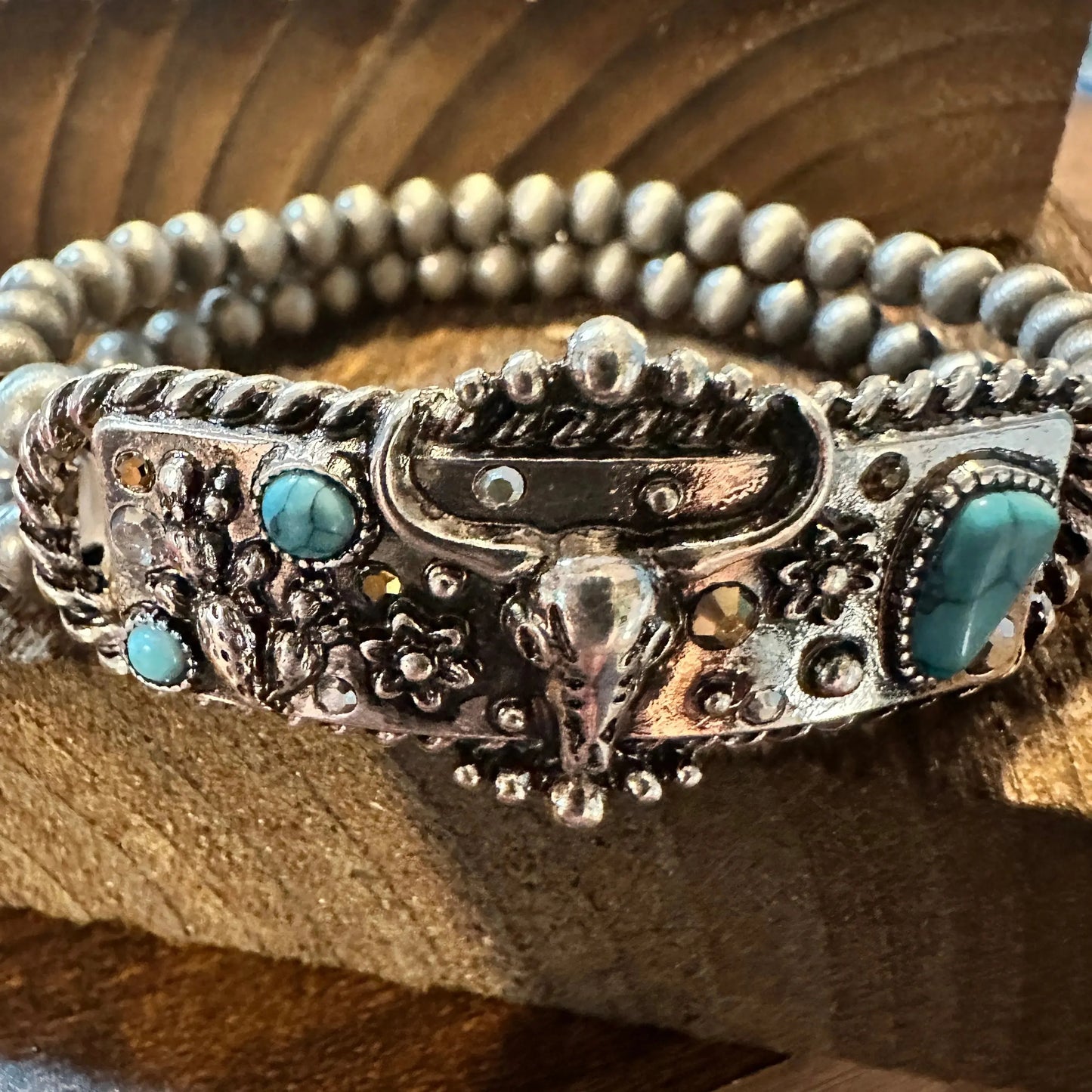 Handcrafted Boho Rodeo Bracelet, Western Navajo Rhinestone Turquoise Stretch Bracelet, Gift Box - Silver Elegant