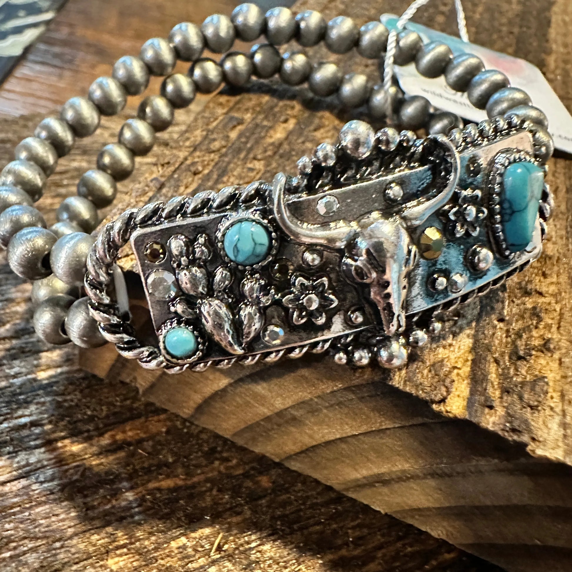 Handcrafted Boho Rodeo Bracelet, Western Navajo Rhinestone Turquoise Stretch Bracelet, Gift Box - Silver Elegant