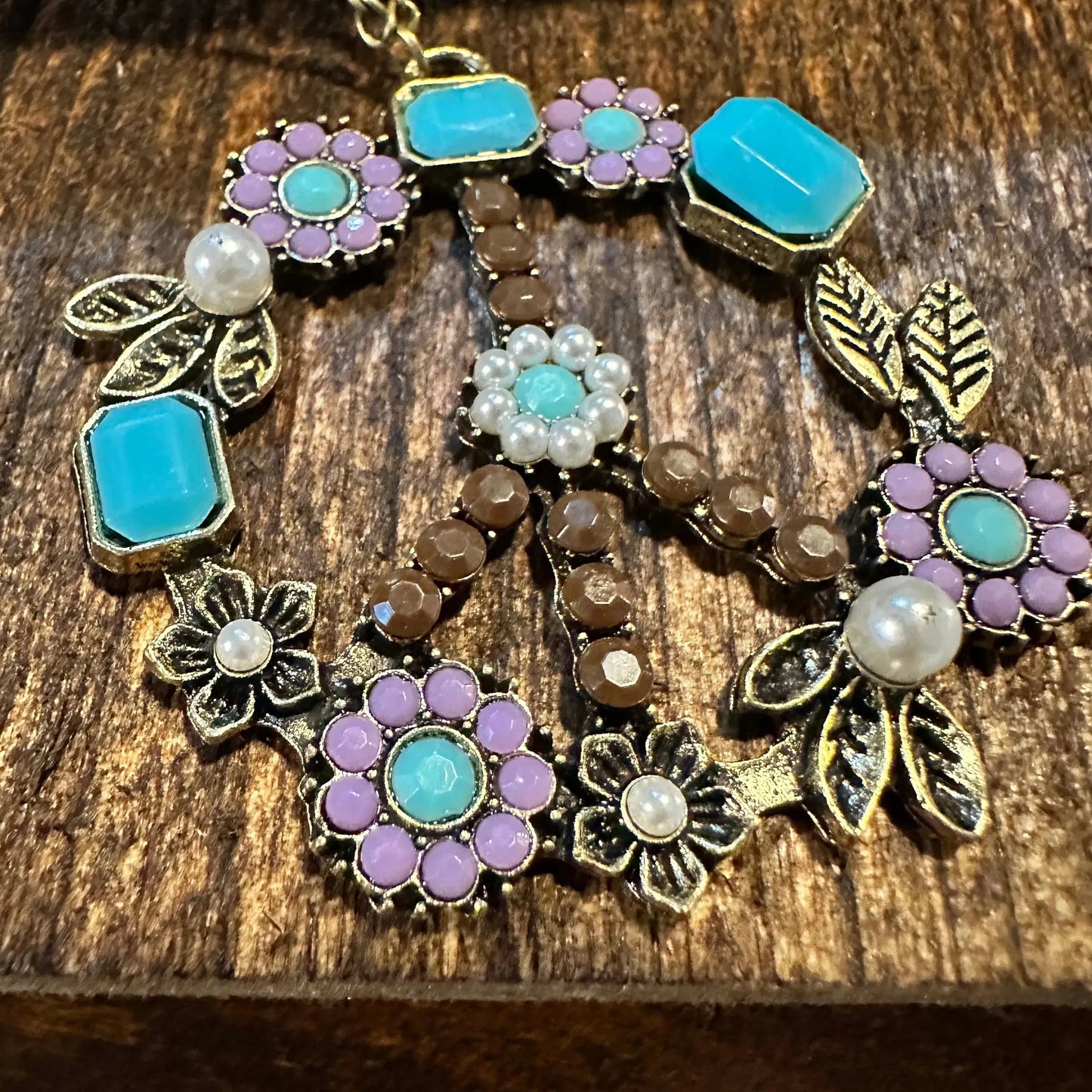Boho Hippie Gemstones Turquoise Pearl, Flower Peace Sign Necklace, Gift Box - Silver Elegant