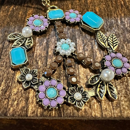 Boho Hippie Gemstones Turquoise Pearl, Flower Peace Sign Necklace, Gift Box - Silver Elegant