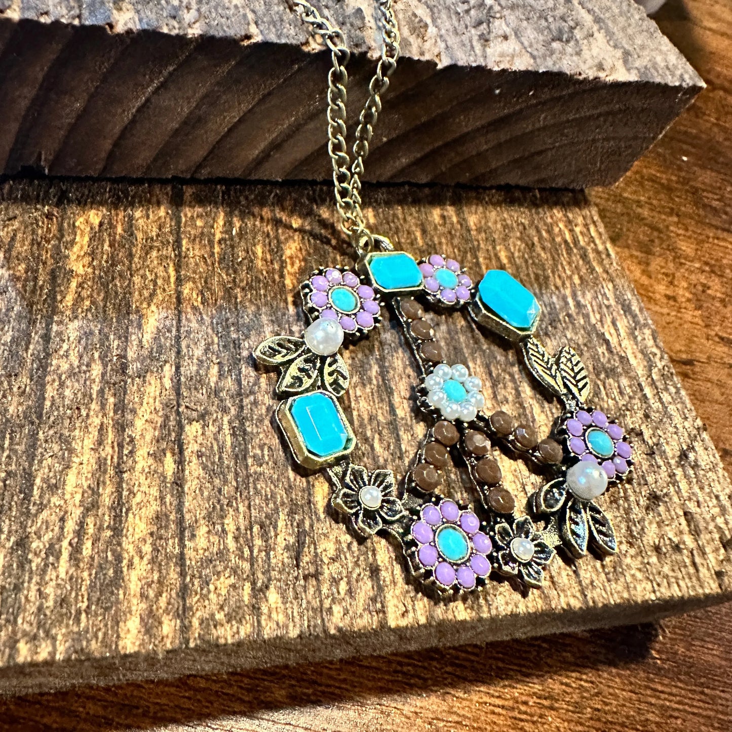 Boho Hippie Gemstones Turquoise Pearl, Flower Peace Sign Necklace, Gift Box - Silver Elegant