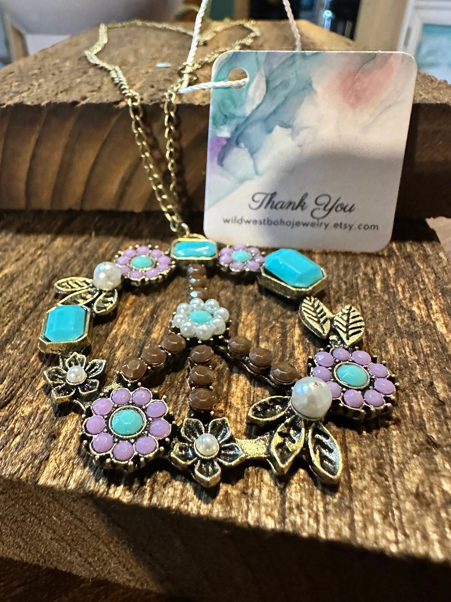Boho Hippie Gemstones Turquoise Pearl, Flower Peace Sign Necklace, Gift Box - Silver Elegant