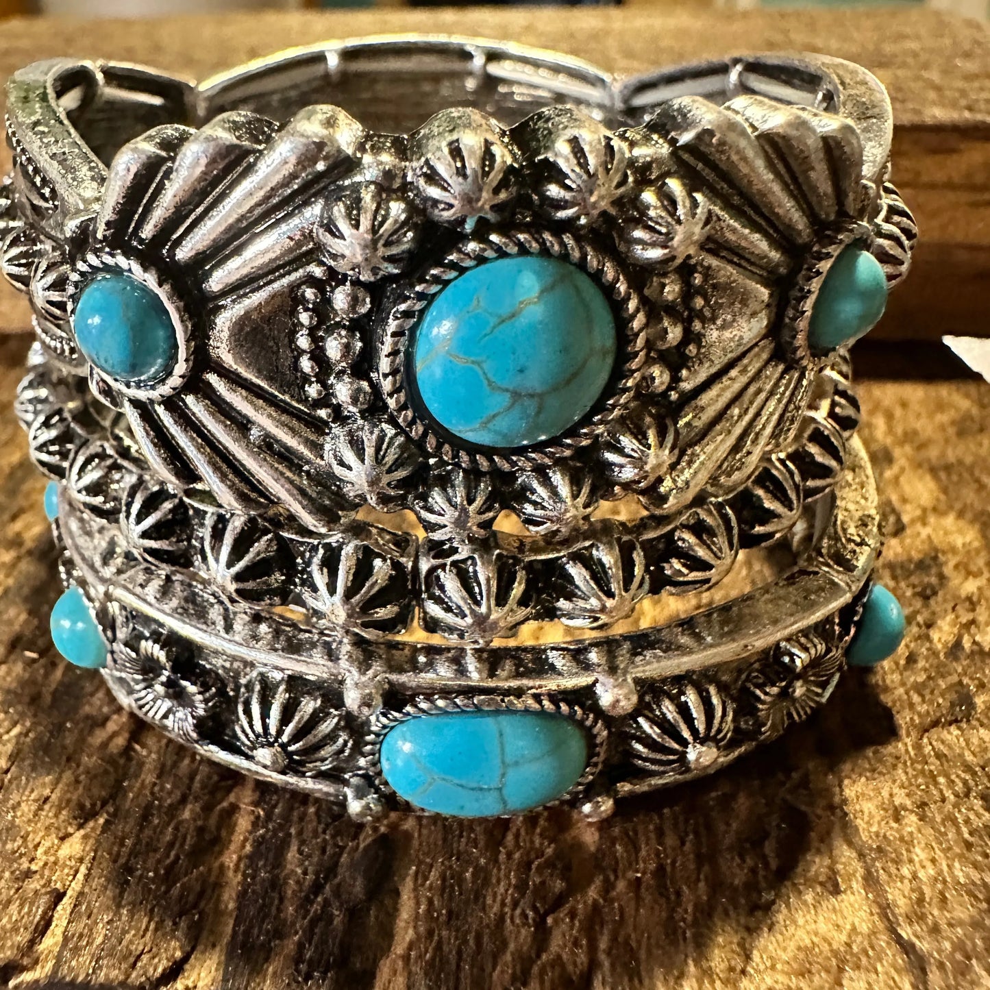 Handcrafted Boho Chic Turquoise Stone Western Chunky Stretch Bracelet, Gift Box - Silver Elegant