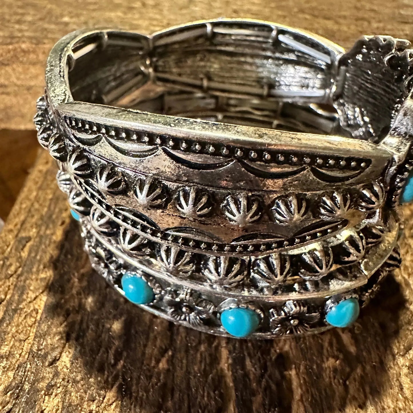 Handcrafted Boho Chic Turquoise Stone Western Chunky Stretch Bracelet, Gift Box - Silver Elegant