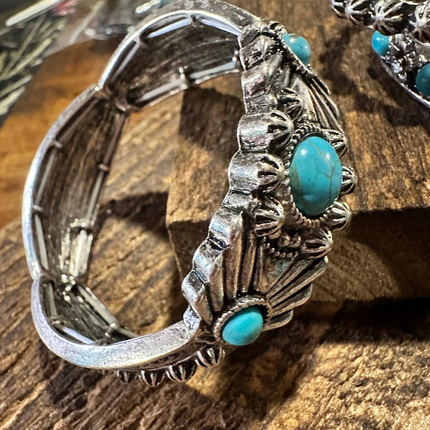 Handcrafted Boho Chic Turquoise Stone Western Chunky Stretch Bracelet, Gift Box - Silver Elegant