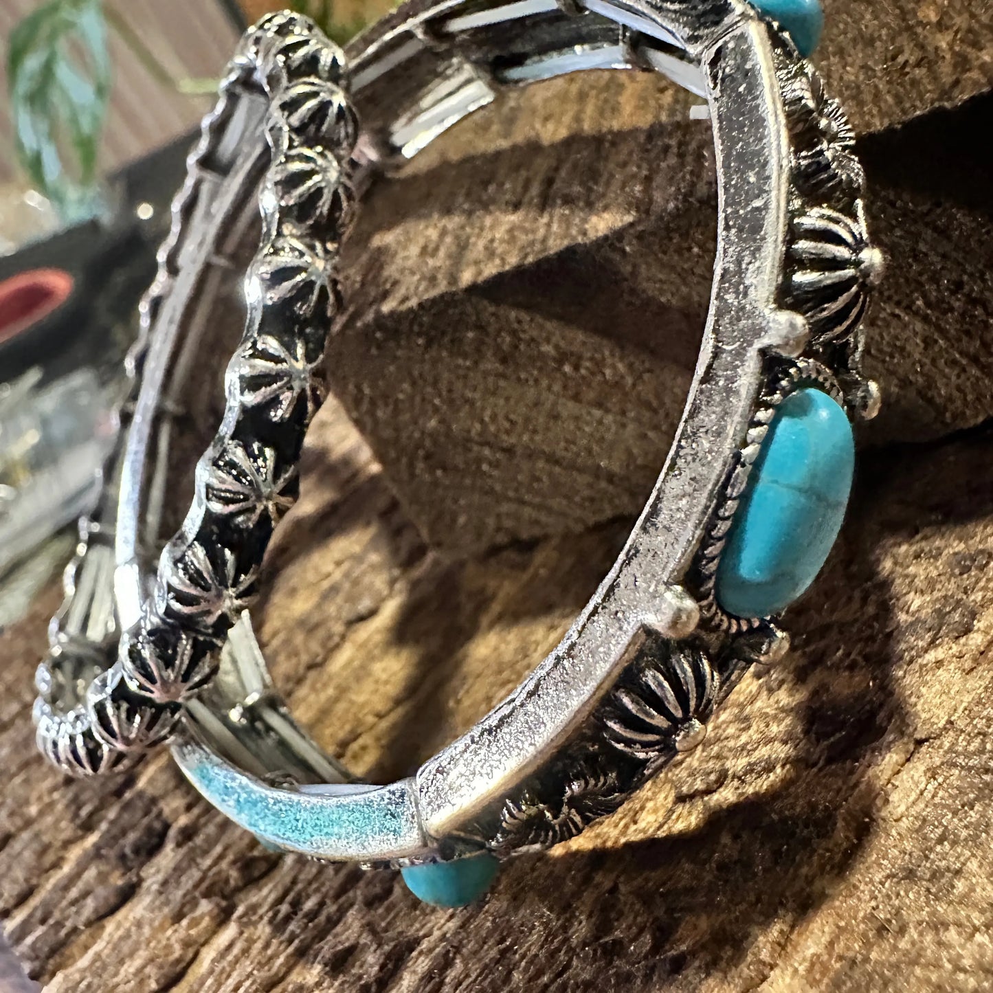 Handcrafted Boho Chic Turquoise Stone Western Chunky Stretch Bracelet, Gift Box - Silver Elegant