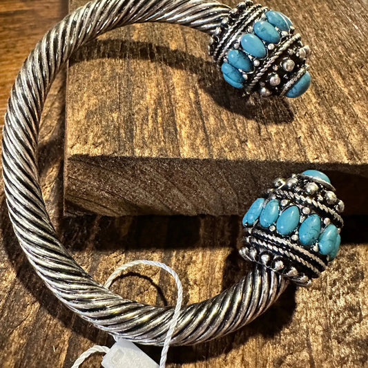 Handcrafted Boho Turquoise Bangle, Western Twisted Roped Open Bangle, Gift Box - Silver Elegant