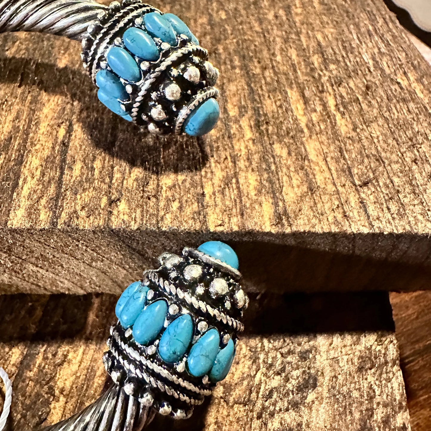 Handcrafted Boho Turquoise Bangle, Western Twisted Roped Open Bangle, Gift Box - Silver Elegant