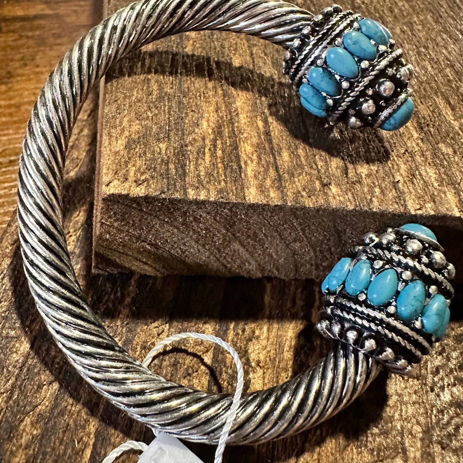 Handcrafted Boho Turquoise Bangle, Western Twisted Roped Open Bangle, Gift Box - Silver Elegant