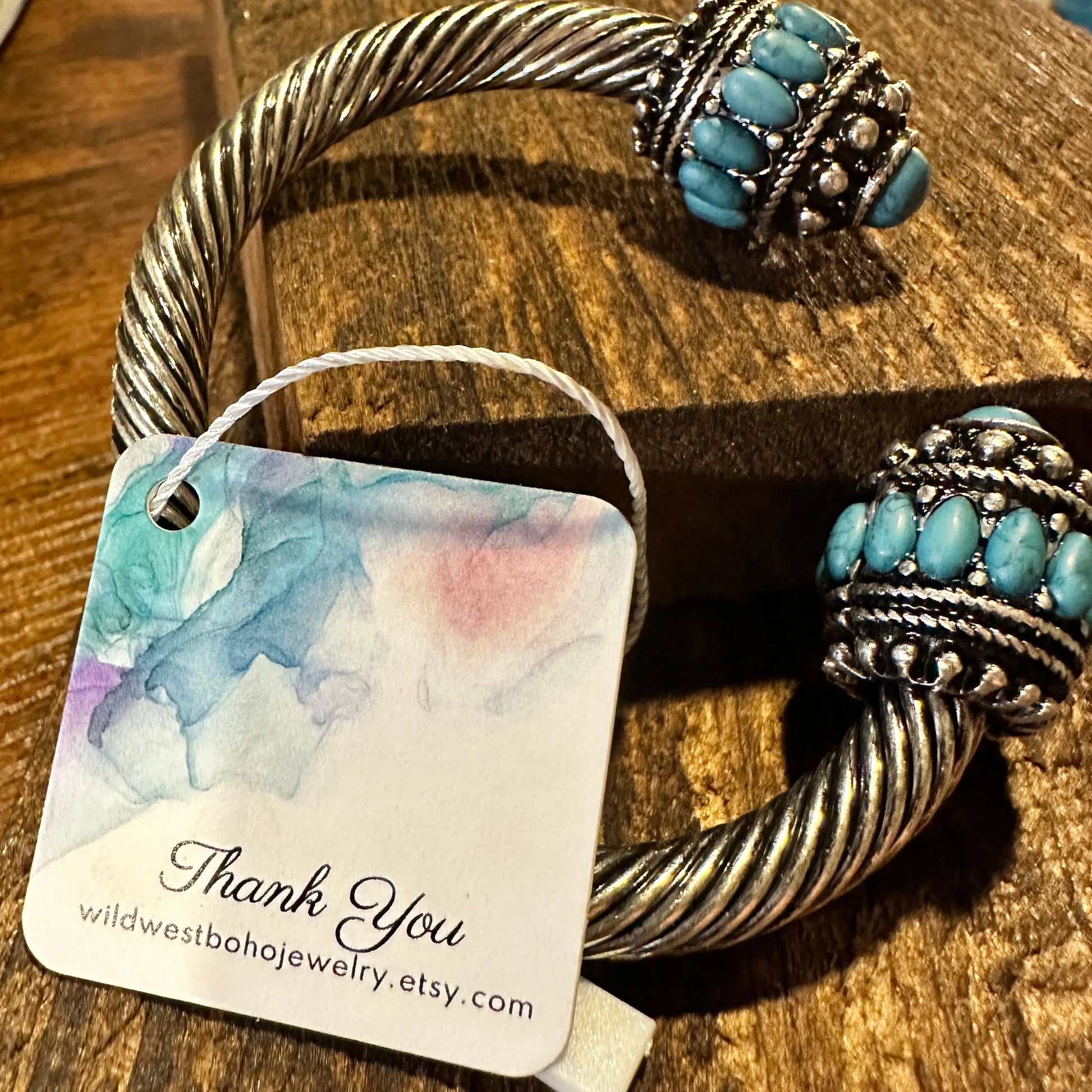 Handcrafted Boho Turquoise Bangle, Western Twisted Roped Open Bangle, Gift Box - Silver Elegant